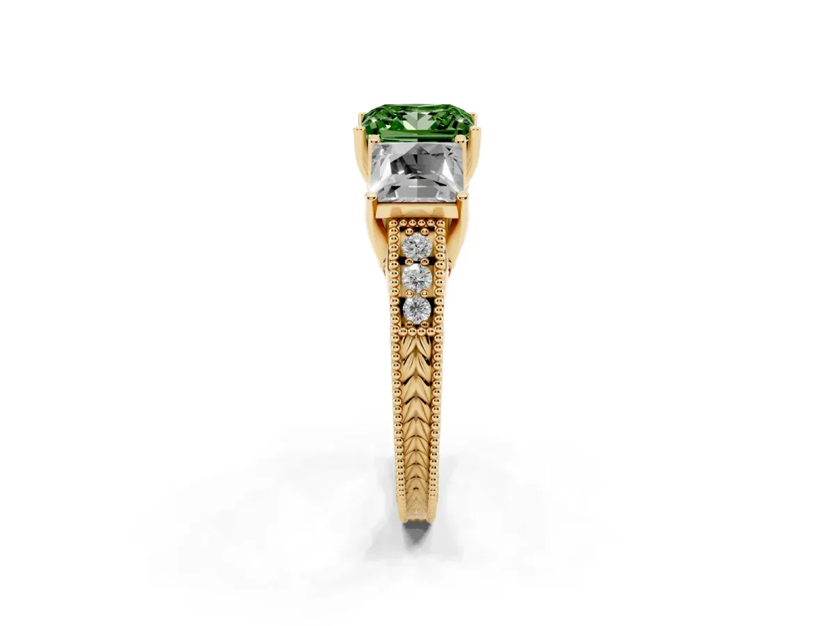 Fancy Green Three-Stone Princess Cut Cut Milgrain Pavé Engagement Ring Yellow gold