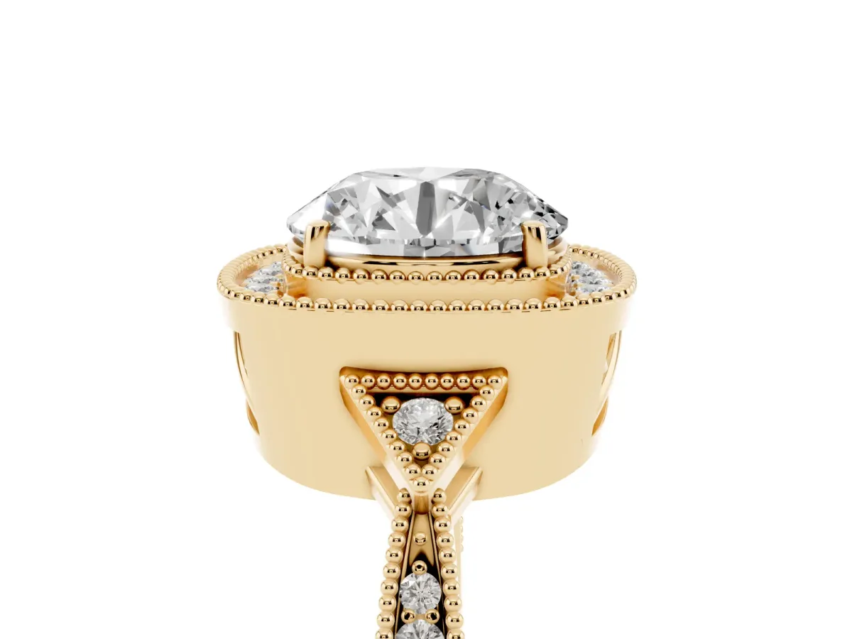 Round Cut Halo Round Diamond Milgrain Pave Engagement Ring Yellow gold
