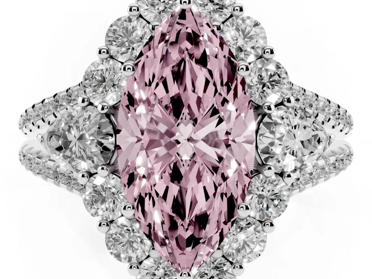 Fancy Pink Marquise Cut Halo Split Shank Diamond Engagement Ring with Prong Setting Silver