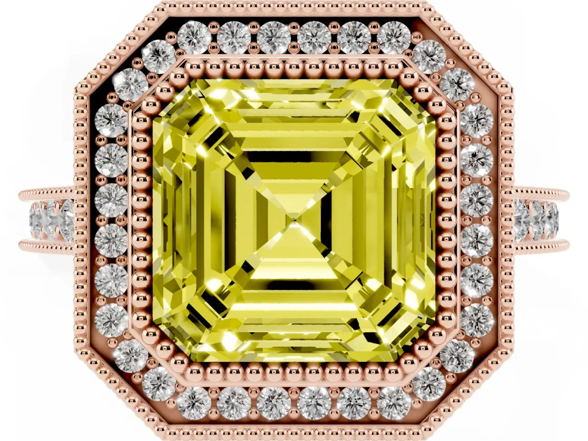 Fancy Yellow Halo Asscher Cut-Cut Diamond Pave Band Milgrain Prong Setting Ring Rose gold
