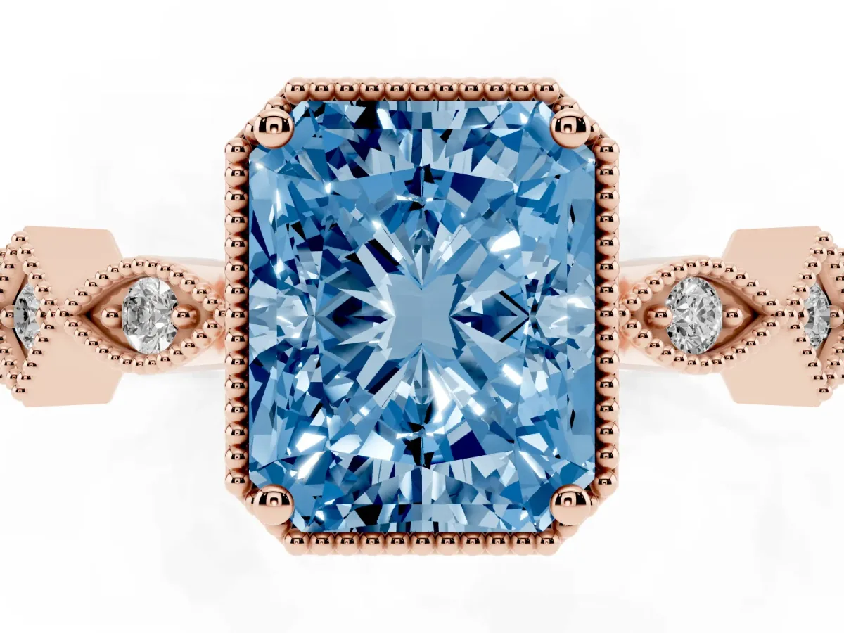 Fancy Blue Radiant Cut Milgrain Marquise Diamond Twist Band Ring Rose gold