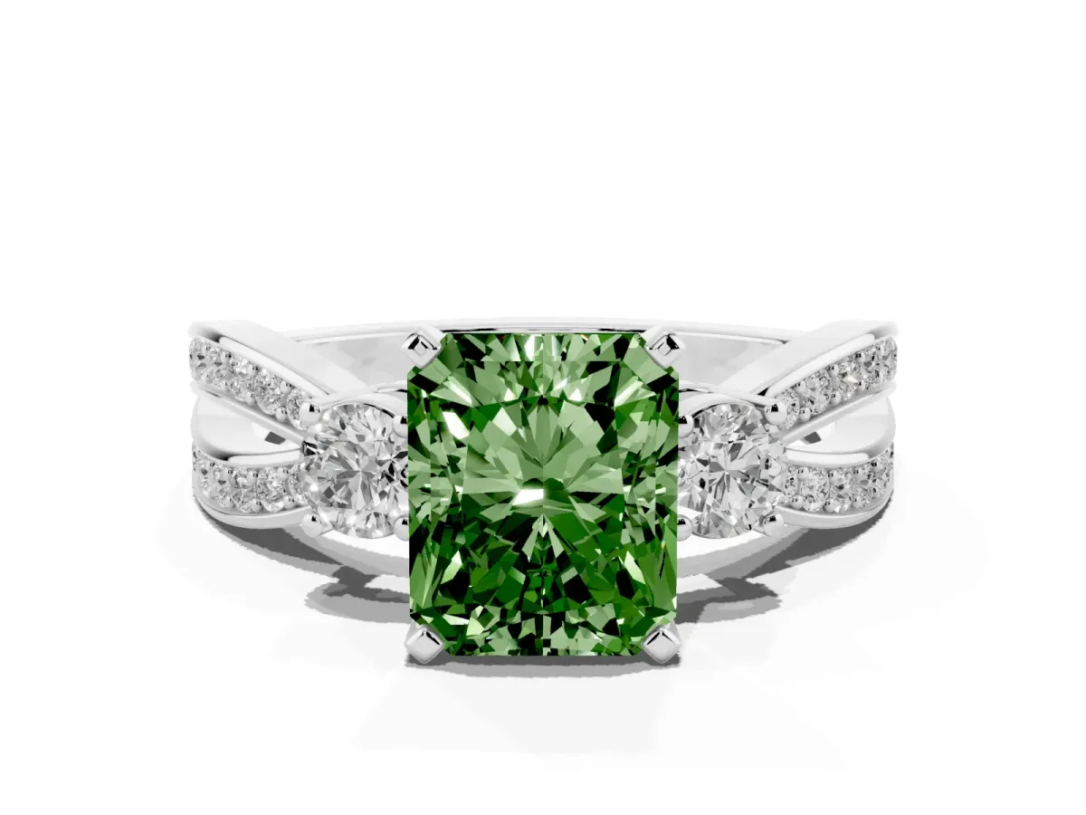 Fancy Green Three-Stone Radiant Cut Cut Diamond Twist Band with Prong Setting Silver