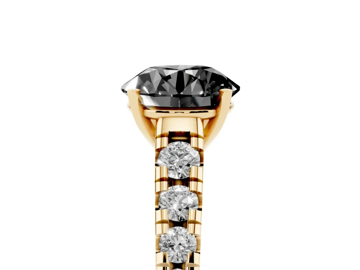 Fancy Black Round Cut Diamond Cathedral Solitaire Ring with Round Pavé Band Yellow gold