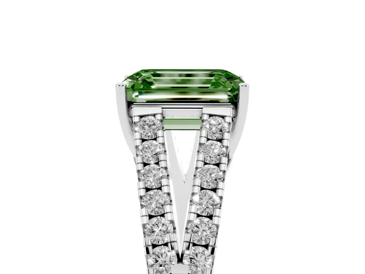 Fancy Green Emerald Cut Diamond Split Shank Engagement Ring with Round Pavé and Prong Setting Platinum