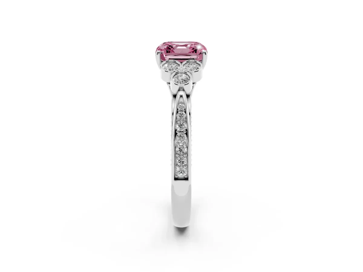 Fancy Pink Asscher Cut Cut Diamond Engagement Ring with Bezel Set Round Side Stones and Prong Setting Platinum