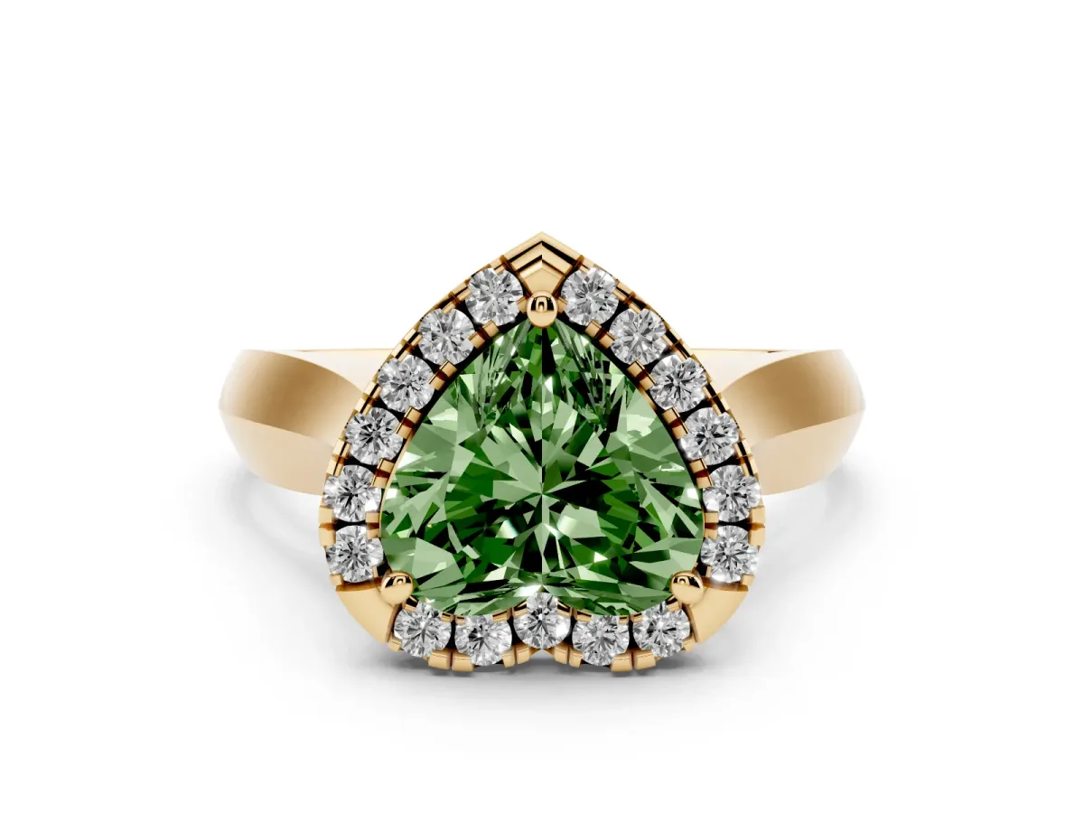 Fancy Green Heart Cut Cut Halo Solitaire Engagement Ring with Square Band and Four-Prong Setting Yellow gold