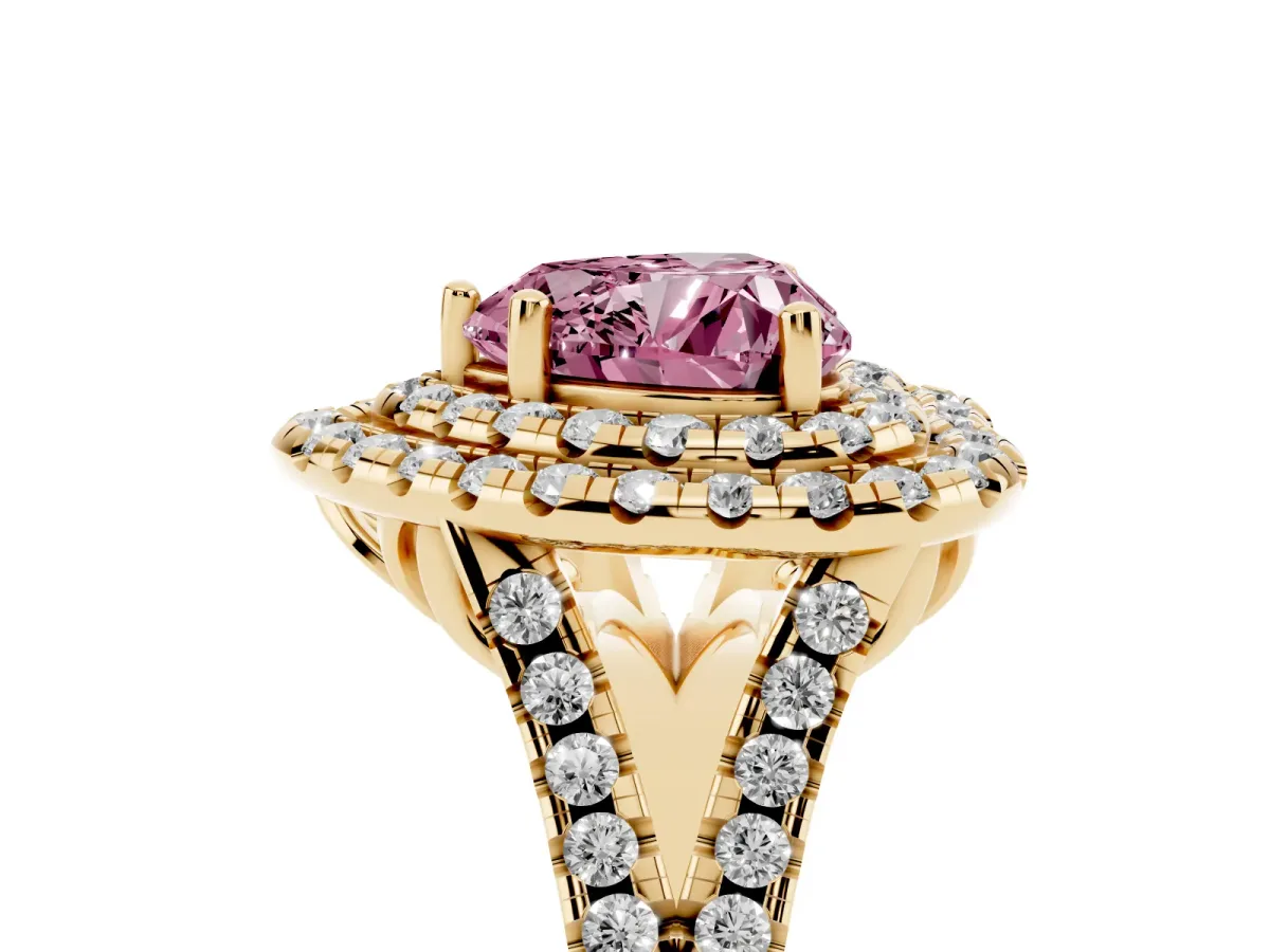 Fancy Pink Double Halo Heart Cut Diamond Pavé Split Shank Ring with Prong Setting Yellow gold