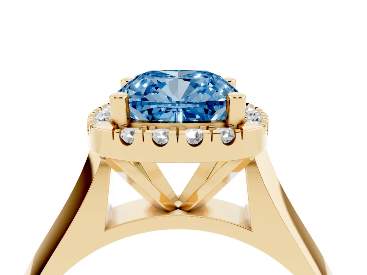 Fancy Blue Cushion Cut Cut Halo Solitaire Engagement Ring with Square Band and Four-Prong Setting Yellow gold