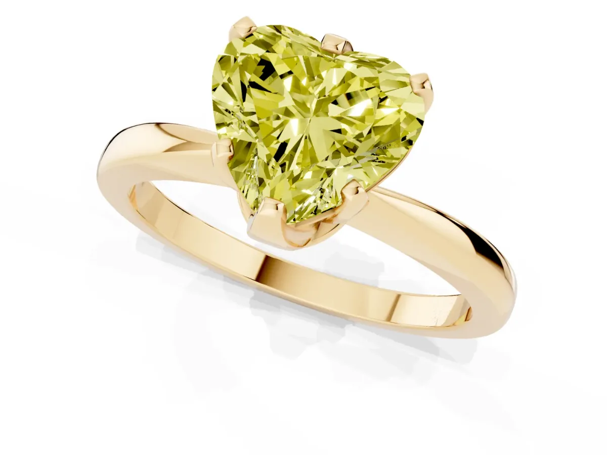 Fancy Yellow Heart Cut Solitaire Engagement Ring with Six-Prong Setting and Tapered Band Yellow gold