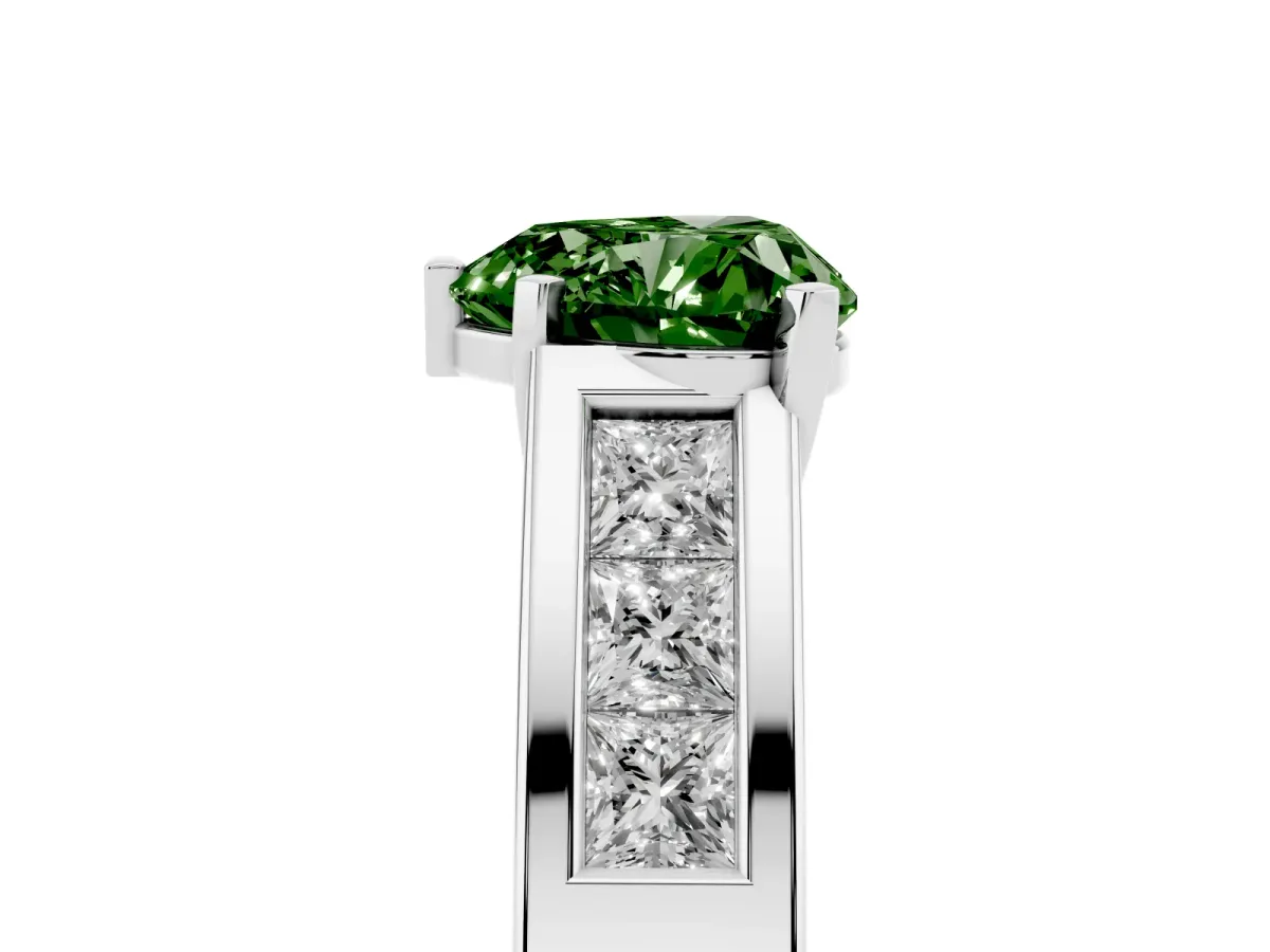 Fancy Green Heart Cut Cut Channel Set Solitaire Ring with Four-Prong Setting Silver