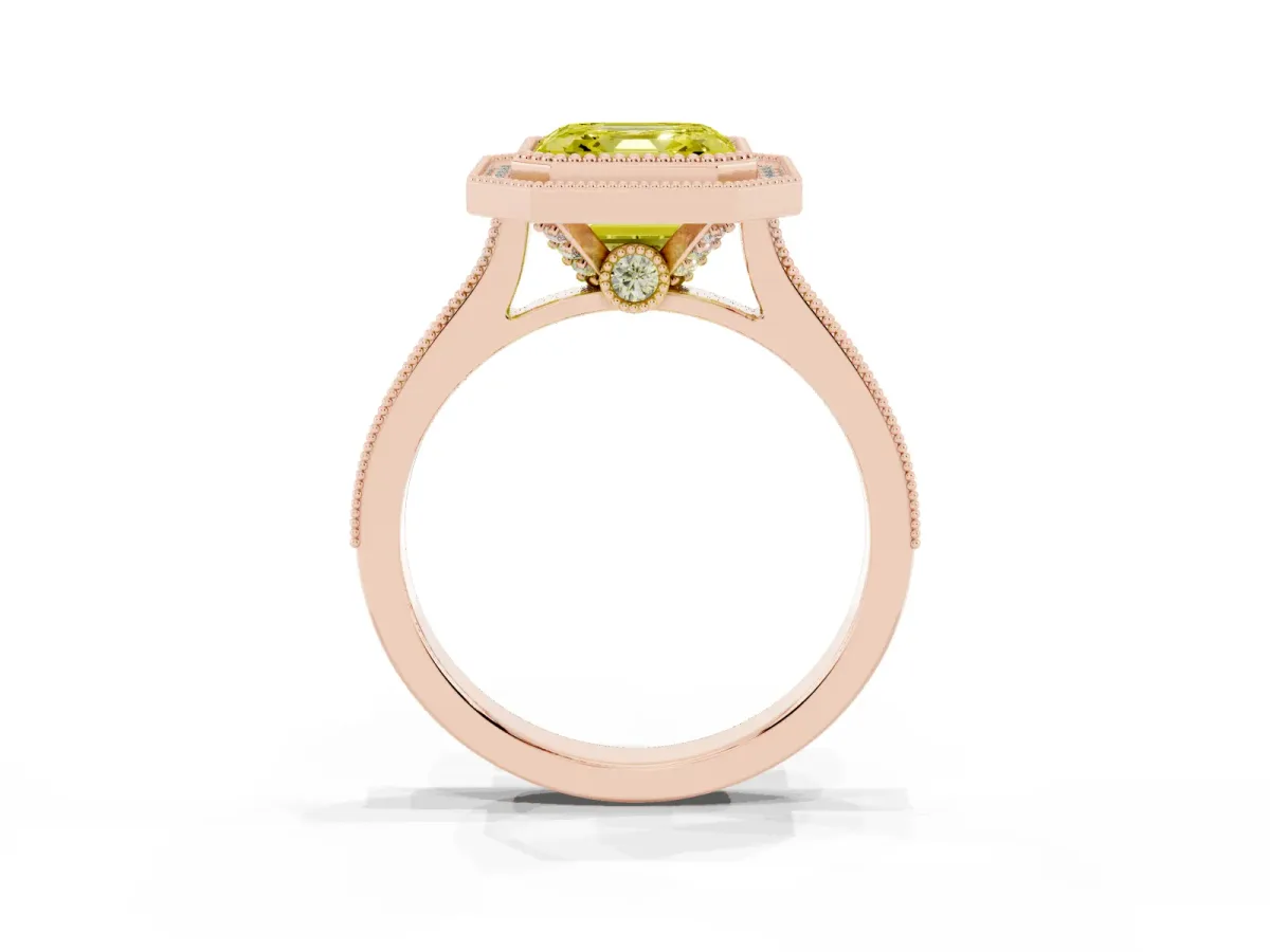 Fancy Yellow Halo Asscher Cut-Cut Diamond Pave Band Milgrain Prong Setting Ring Rose gold