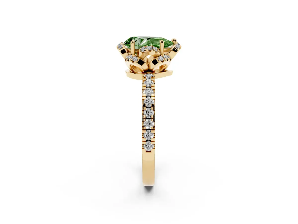 Fancy Green Pear Cut Halo Diamond Pave Band Ring with Four-Prong Setting Yellow gold