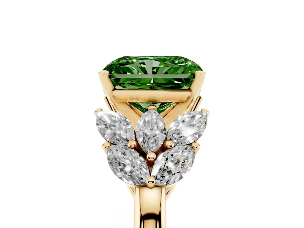 Fancy Green Radiant Cut Diamond Cluster Leaf Design Ring with Prong Setting Yellow gold