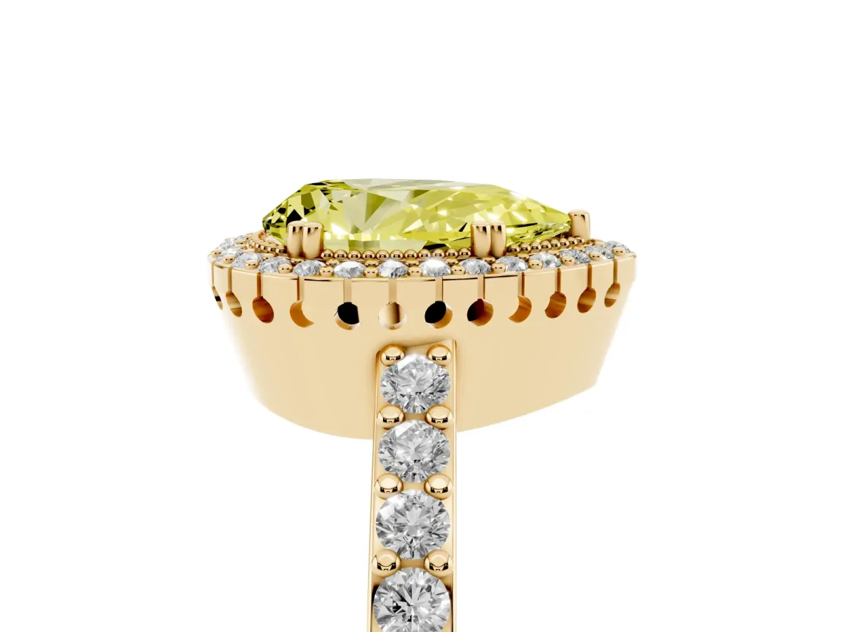 Fancy Yellow Pear Cut Cut Diamond Halo Engagement Ring with Milgrain Detail and Pavé Band Yellow gold