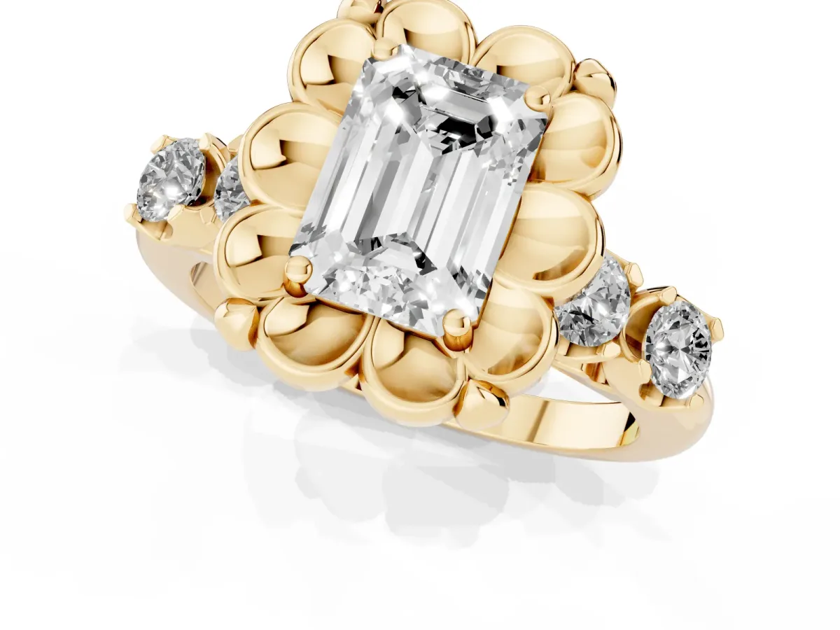 Emerald Cut Cut Diamond Floral Halo Engagement Ring with Shared Prong Setting Yellow gold