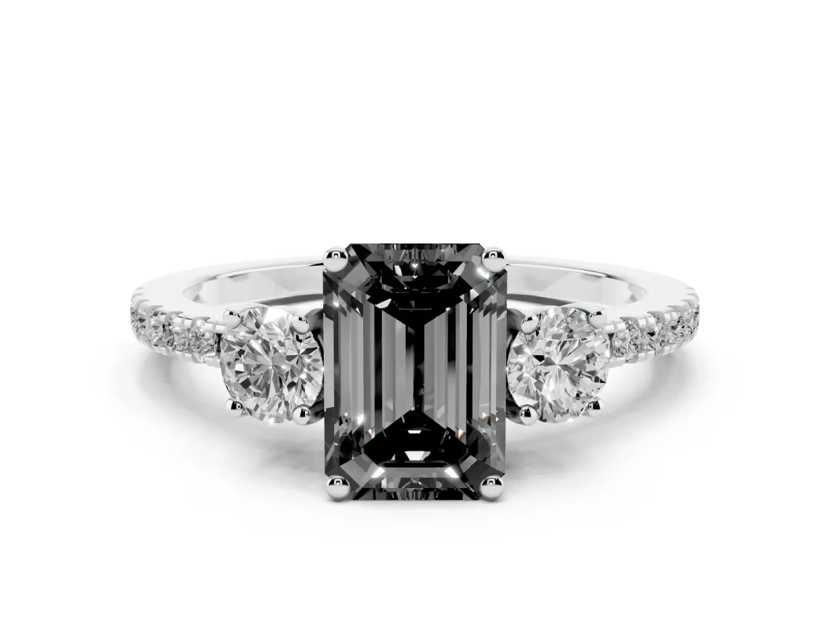 Fancy Black Three-Stone Emerald Cut Cut Diamond Pavé Band with Prong Setting Silver