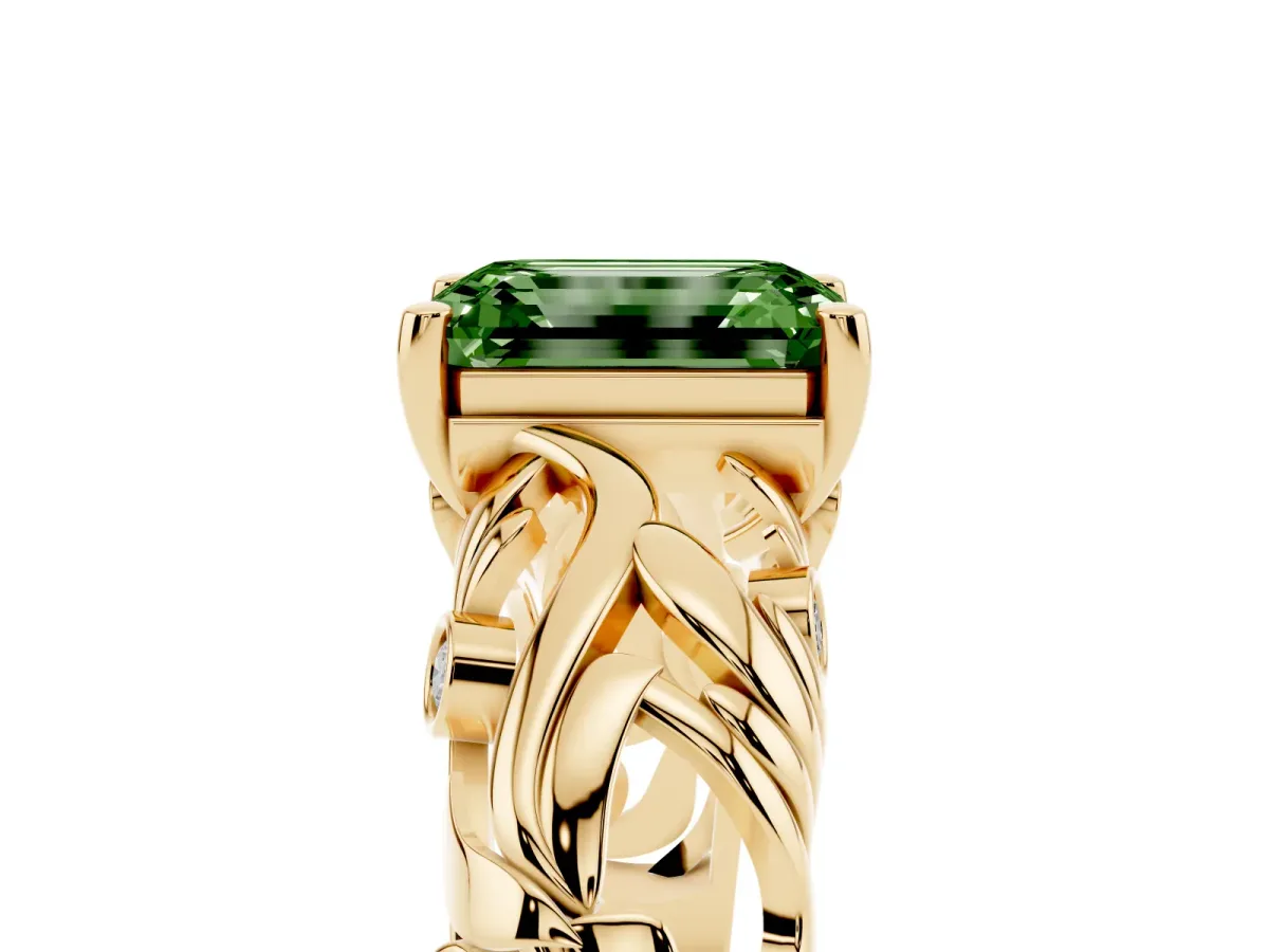 Fancy Green Emerald Cut Solitaire Diamond Leaf-Inspired Vine Band Ring with Prong Setting Yellow gold