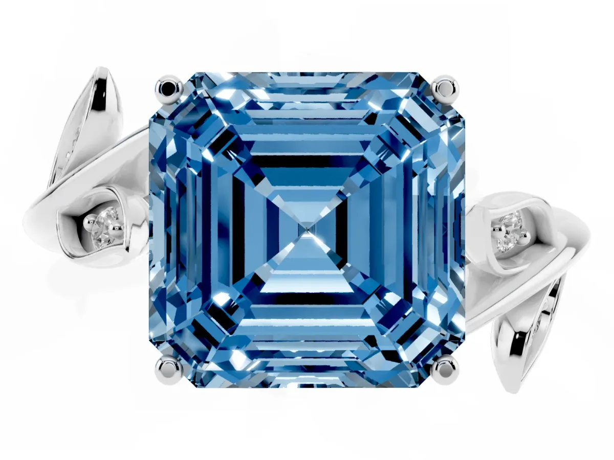 Fancy Blue Asscher Cut Solitaire Twist Engagement Ring with Leaf Accents and Prong Setting Silver