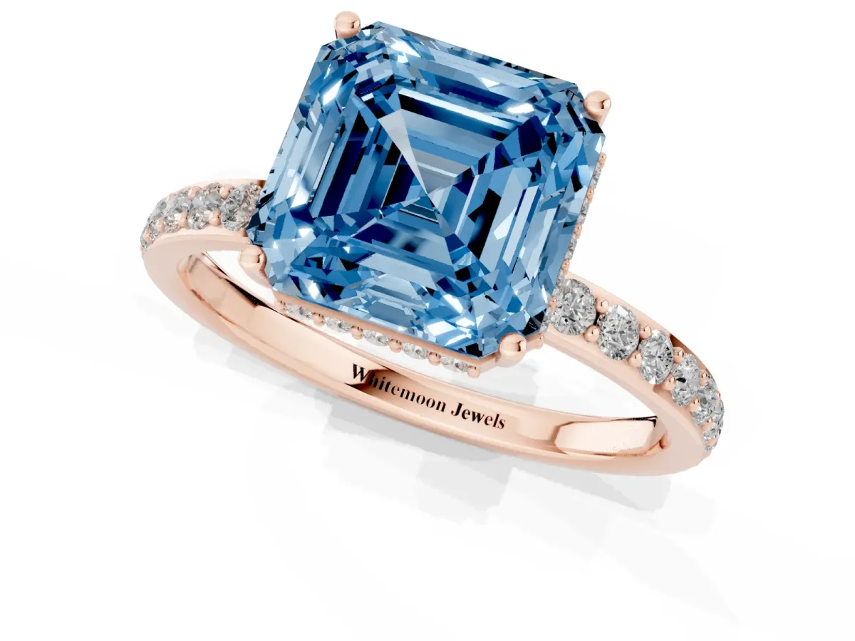 Fancy Blue Asscher Cut Diamond Solitaire Ring with Pavé Band and Hidden Halo Rose gold