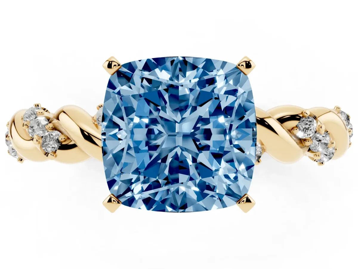 Fancy Blue Cushion Cut Diamond Solitaire Ring with Twisted Band and Pavé Accents Yellow gold