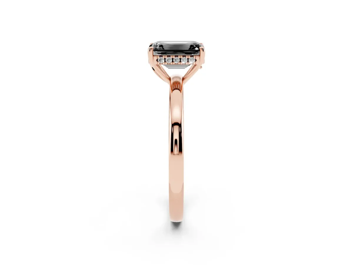 Fancy Black Emerald Cut Solitaire Diamond Ring with Prong Setting and Plain Band Rose gold