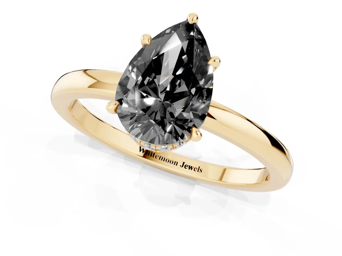 Fancy Black Pear Cut Solitaire Engagement Ring with Cathedral Band and Four-Prong Setting Yellow gold