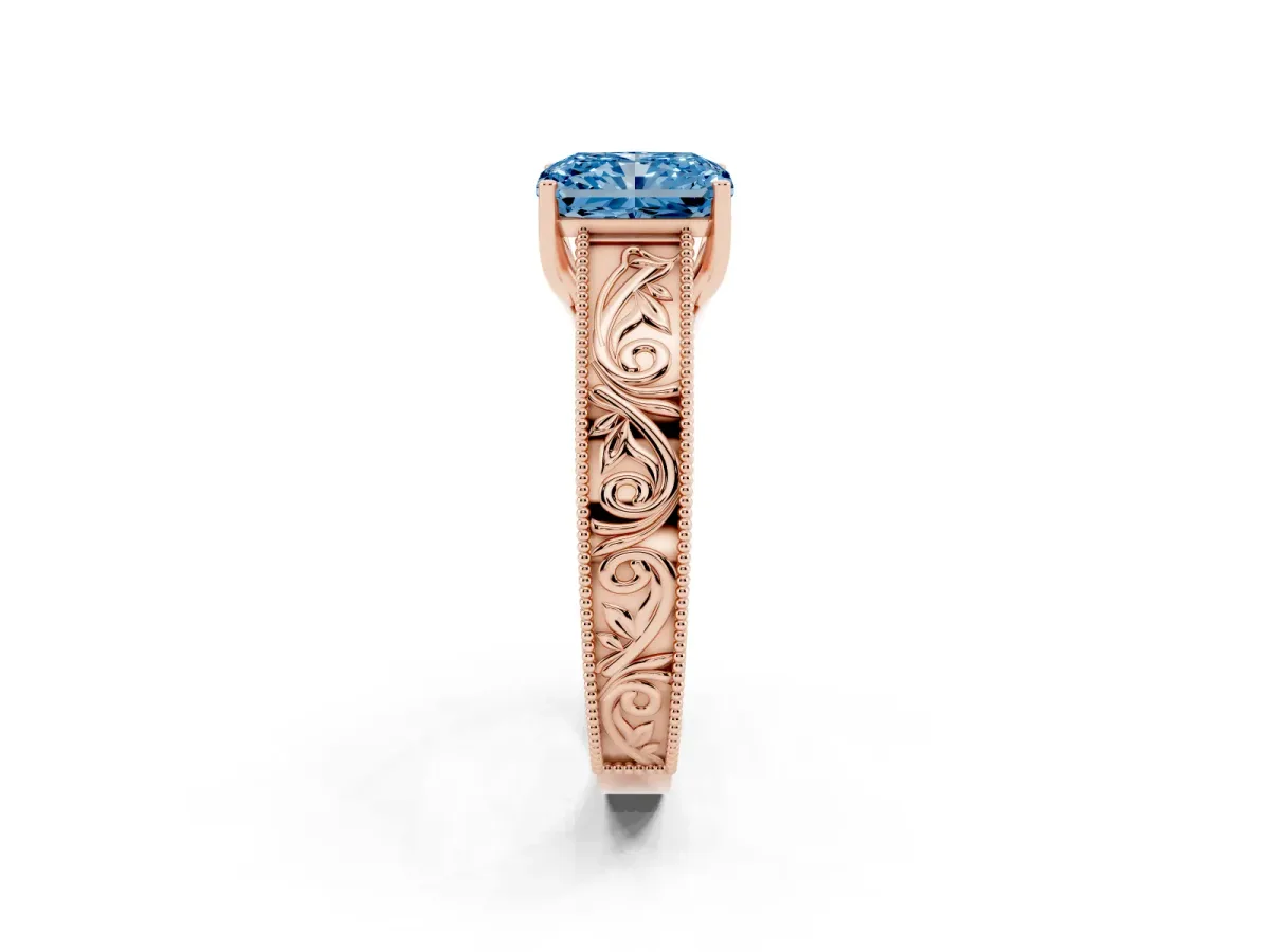 Fancy Blue Radiant Cut Diamond Solitaire Ring with Engraved Band and Four-Prong Setting Rose gold