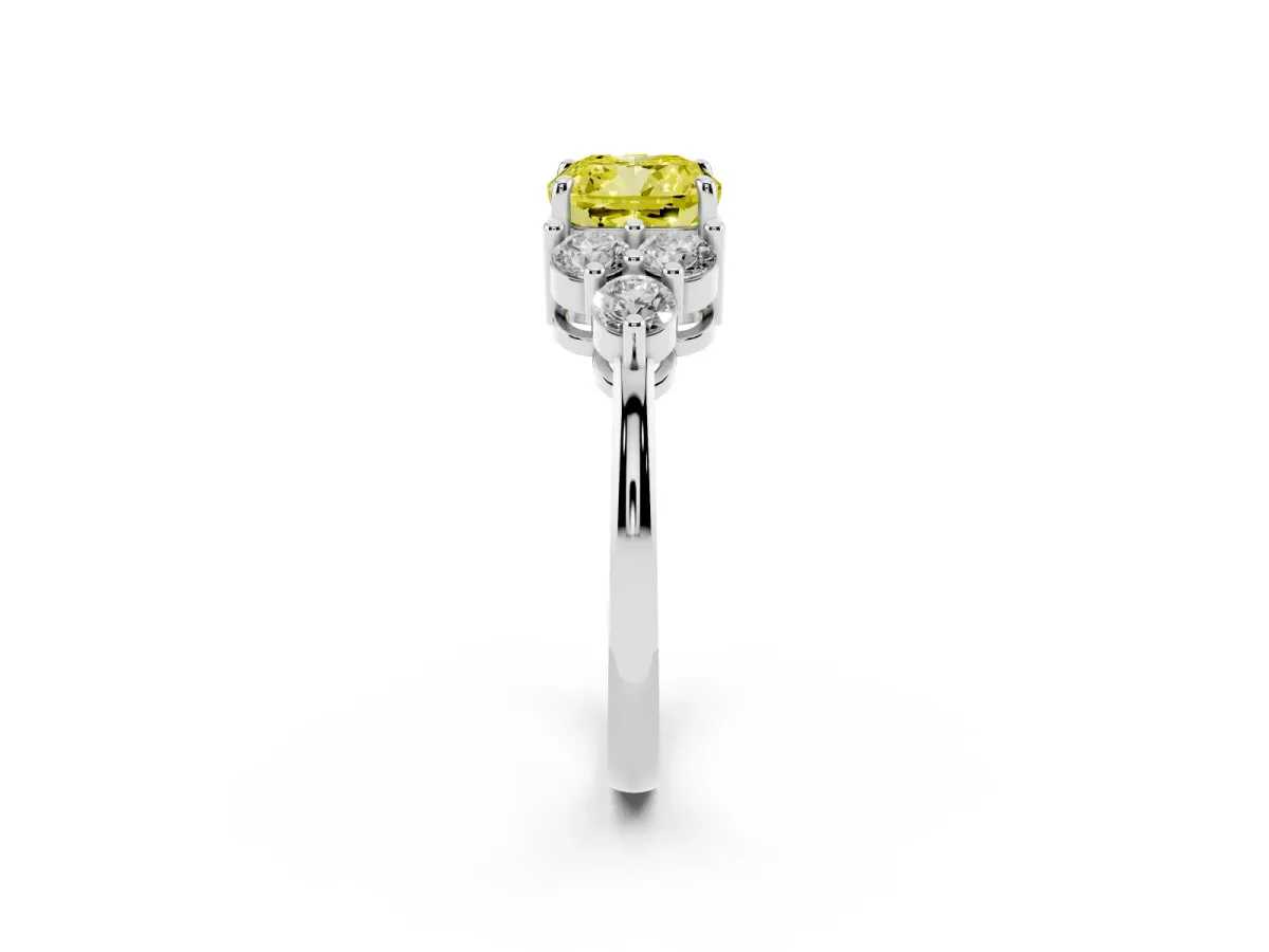 Fancy Yellow Cushion Cut Brilliant Diamond Cluster Accent Solitaire Ring with Prong Setting Silver