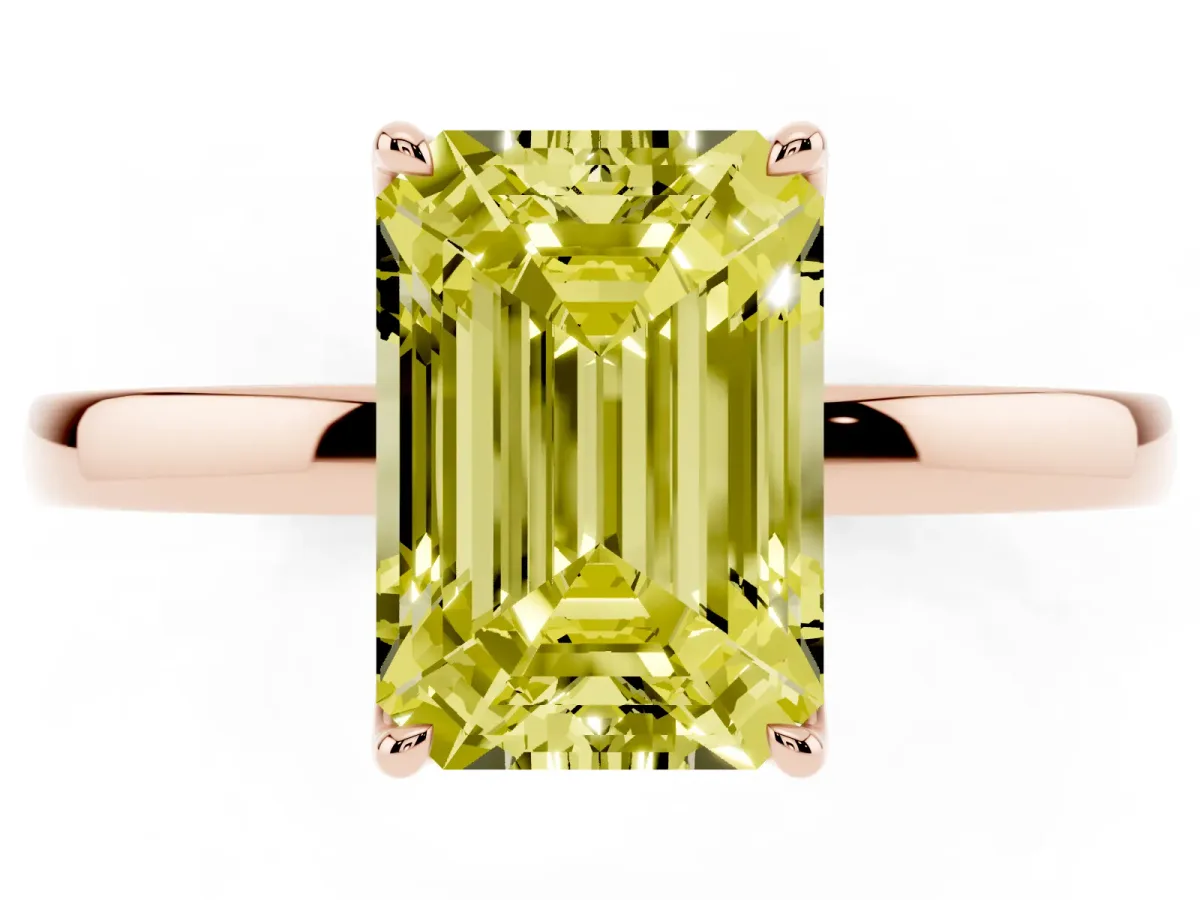 Fancy Yellow Emerald Cut Diamond Solitaire Ring with Thin Band and Prong Setting Rose gold