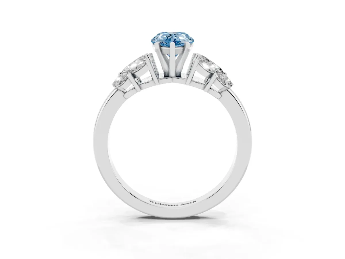 Fancy Blue Pear Cut Diamond Cluster Leaf Design Ring with Prong Setting Platinum