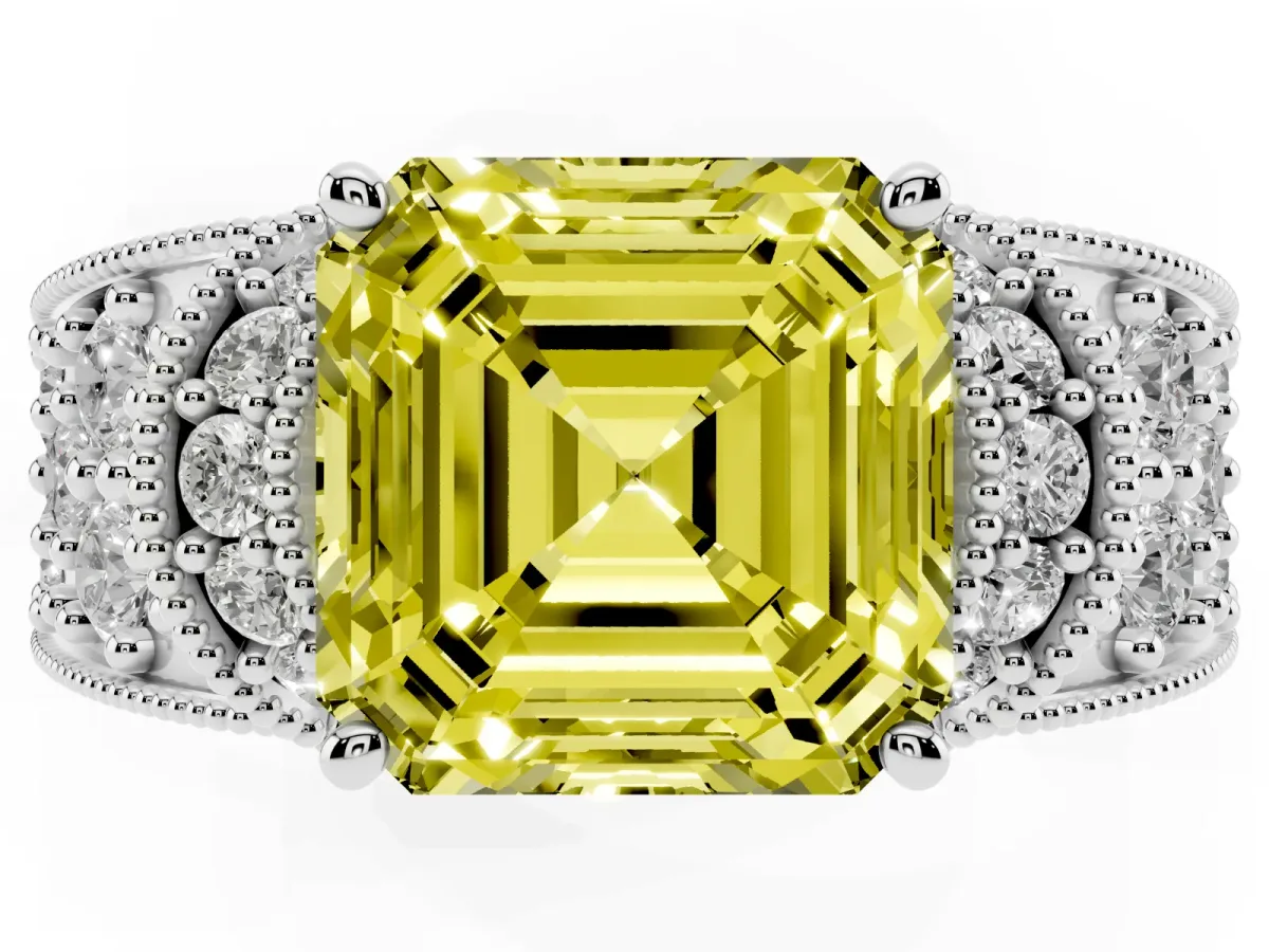 Fancy Yellow Asscher Cut Halo Pave Diamond Engagement Ring with Milgrain Detailing Platinum