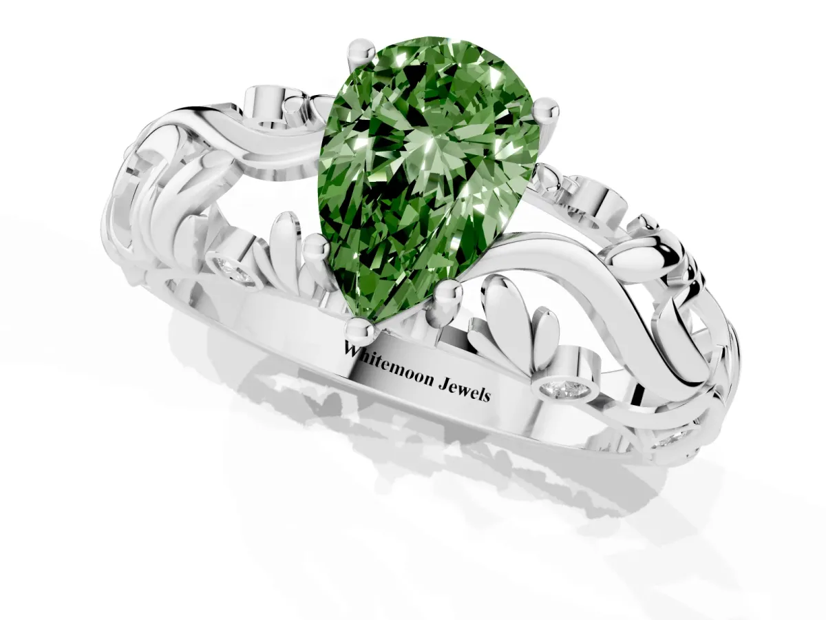 Fancy Green Pear Cut Solitaire Diamond Leaf-Inspired Vine Band Ring with Prong Setting Silver