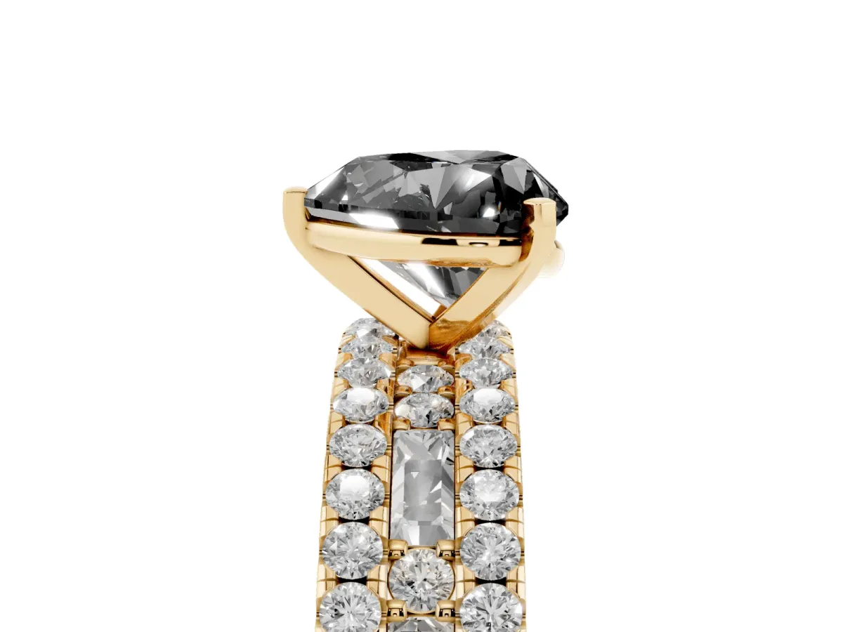 Fancy Black Heart Cut Diamond Solitaire Ring with Pavé and Channel Set Band Yellow gold