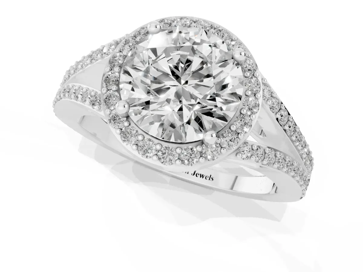 Round Cut Halo Split Shank Pave Diamond Ring with Four-Prong Setting Silver