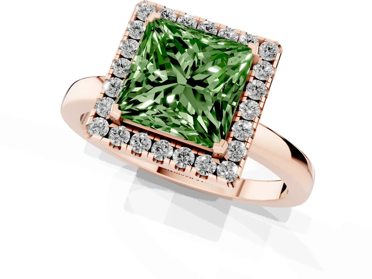 Fancy Green Princess Cut Halo Diamond Solitaire with Pavé Band and Four-Prong Setting Rose gold