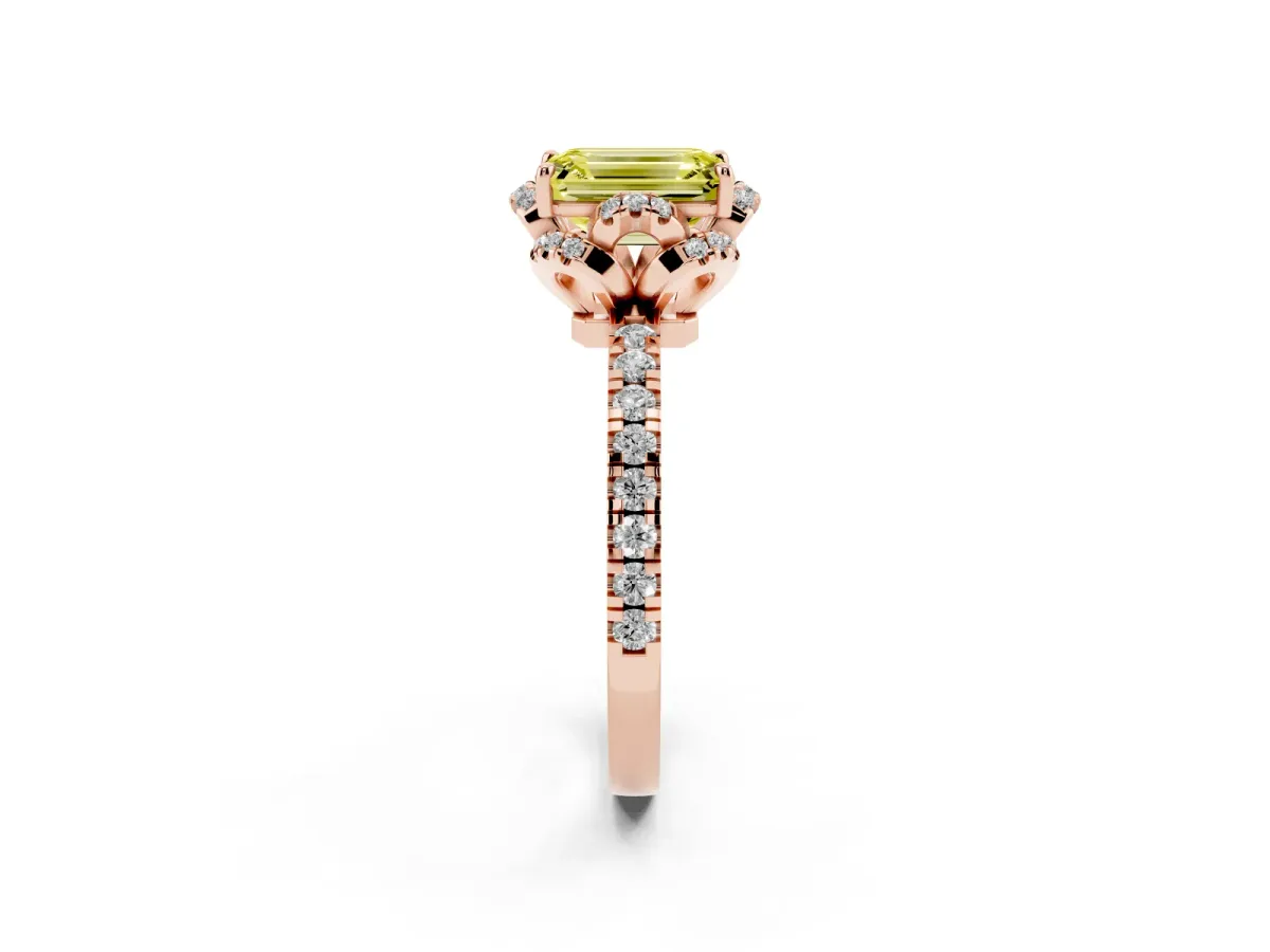 Fancy Yellow Emerald Cut Diamond Halo Pave Band with Four-Prong Setting Rose gold