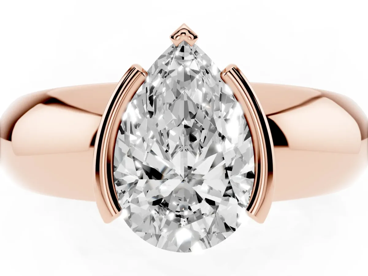 Pear Cut Solitaire Tension Set Diamond Ring with Wide Band Rose gold