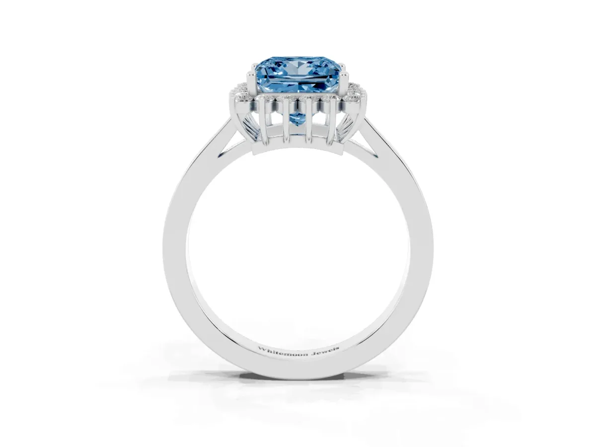 Fancy Blue Princess Cut Cut Diamond Halo Ring with Round Brilliant Halo and Solitaire Band Platinum