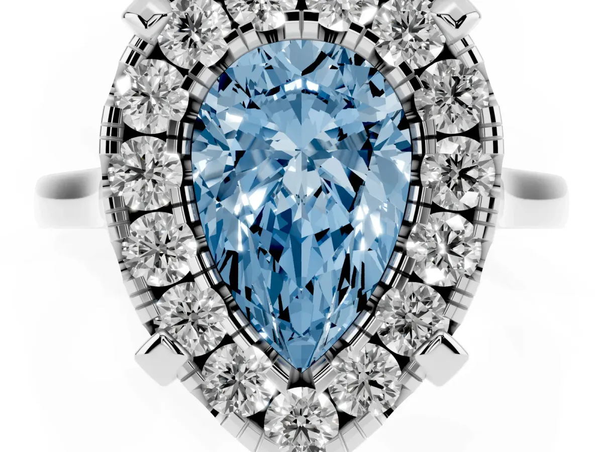 Fancy Blue Pear Cut Diamond Cluster Halo Solitaire with Four-Prong Setting Silver