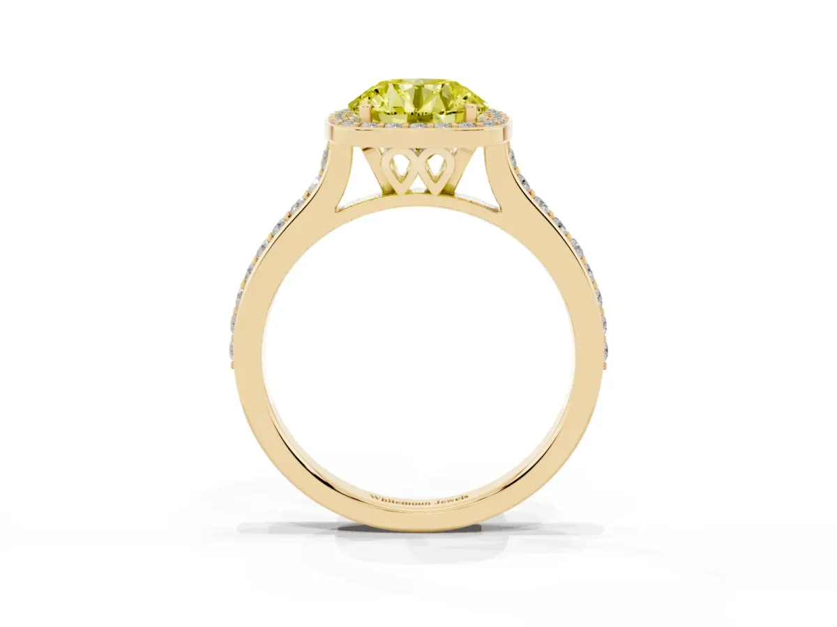 Fancy Yellow Round Cut Diamond Halo Engagement Ring with Round Pavé Shoulders and Prong Setting Yellow gold