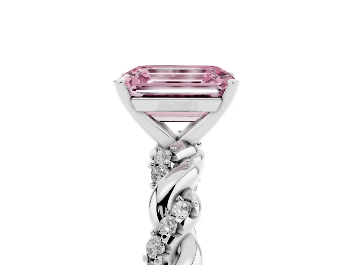 Fancy Pink Emerald Cut Diamond Solitaire Ring with Twisted Band and Pavé Accents Platinum