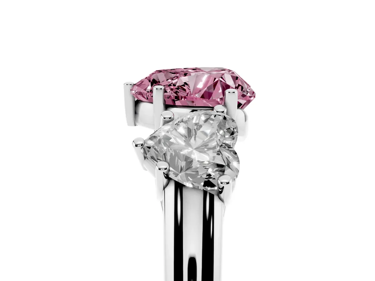 Fancy Pink Three-Stone Heart Cut Diamond Engagement Ring with Prong Setting Platinum