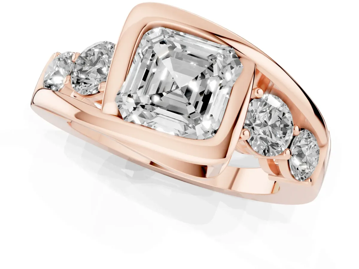 Bezel Set Asscher Cut Diamond Bypass Ring with Round Accents Rose gold
