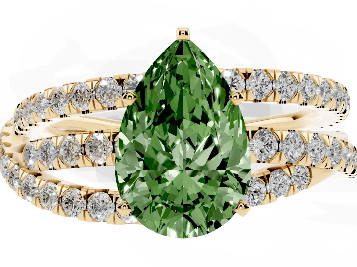 Fancy Green Pear Cut Solitaire Twist Band with Pavé Setting and Four-Prong Setting Yellow gold