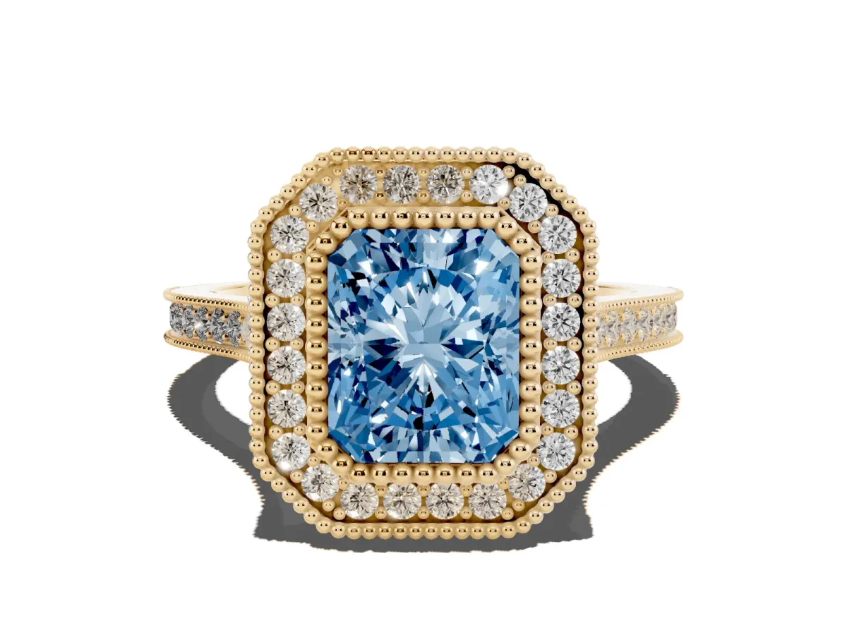 Fancy Blue Radiant Cut Diamond Halo Ring with Milgrain Frame and Pavé Band Yellow gold
