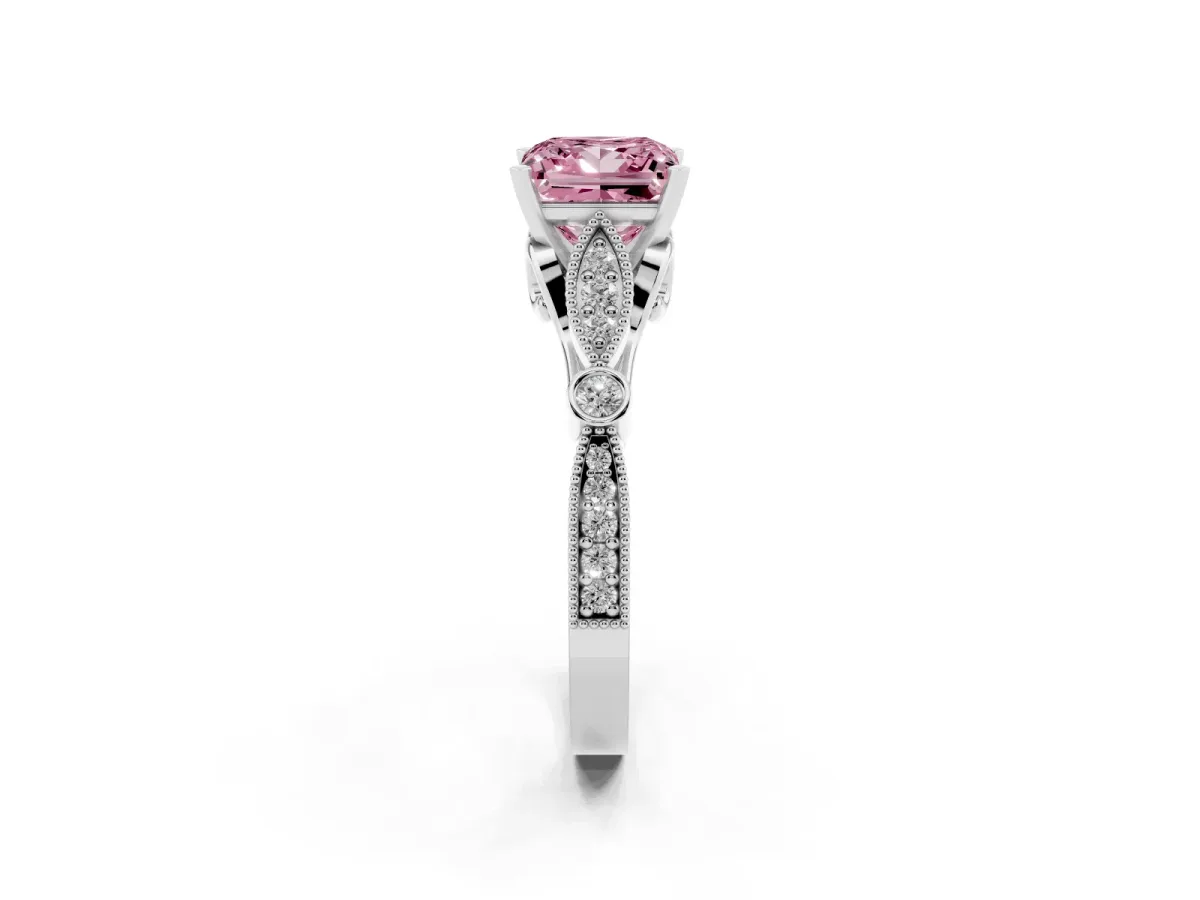 Fancy Pink Princess Cut Cut Diamond with Milgrain Marquise and Bezel Accents on a Solitaire Band with Prong Setting White gold