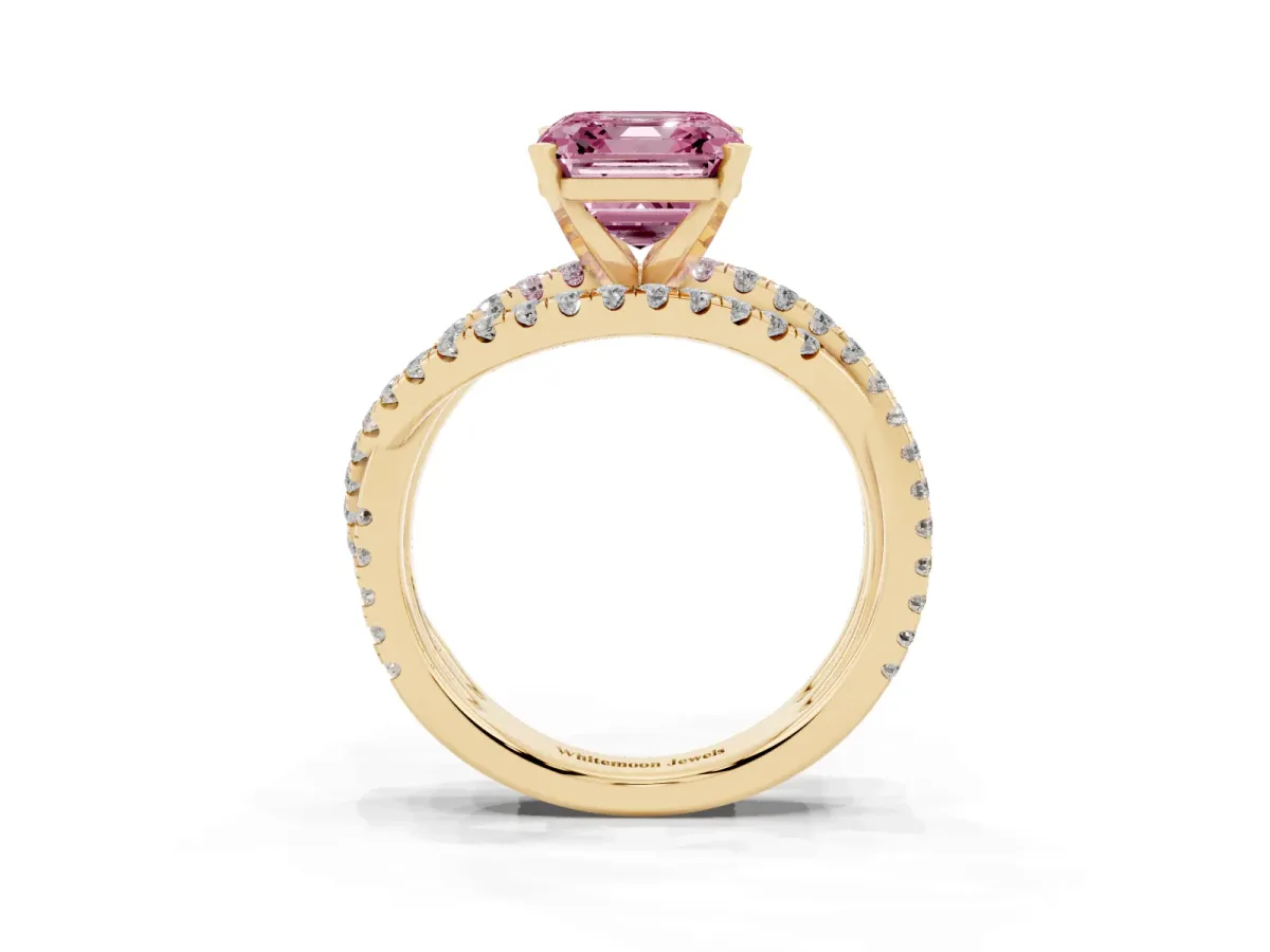 Fancy Pink Asscher Cut Solitaire Twist Band with Pavé Setting and Four-Prong Setting Yellow gold
