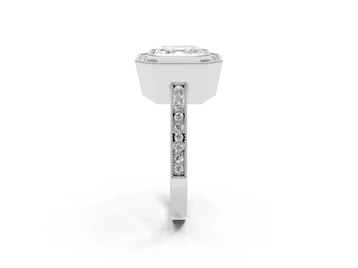 Asscher Cut Cut Halo Diamond Ring with Pavé Band and Milgrain Prong Setting Silver