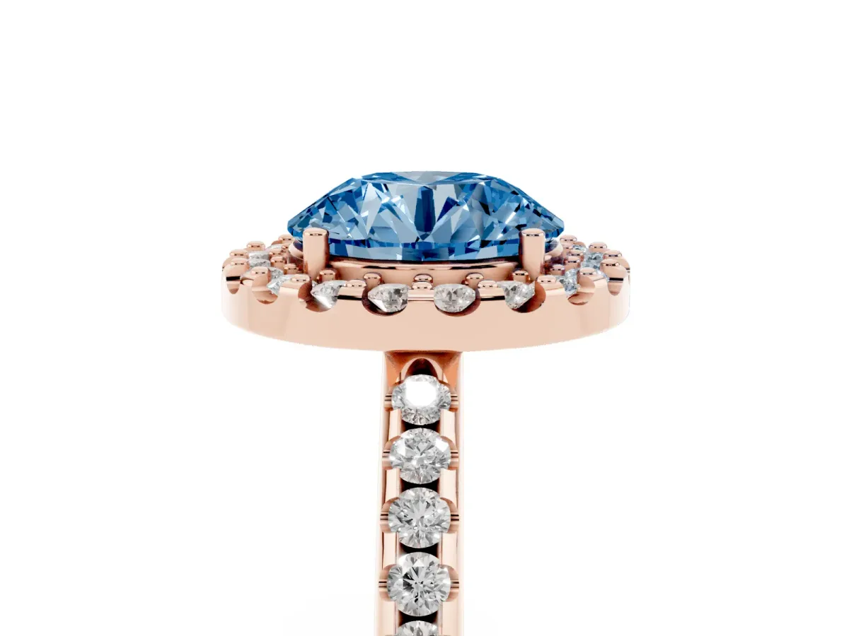 Fancy Blue Round Cut Diamond Pavé Halo Ring with Four-Prong Setting Rose gold