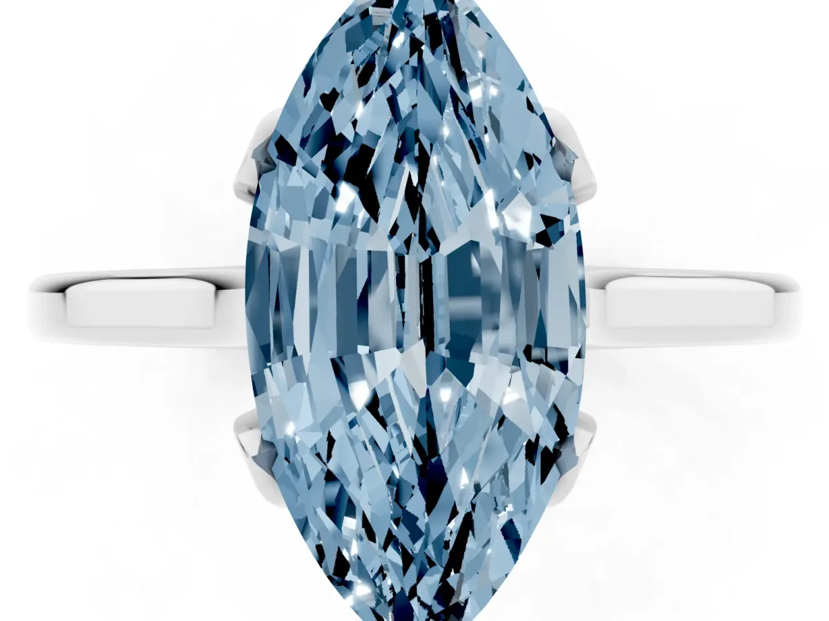 Fancy Blue Marquise Cut Diamond Solitaire Ring with Flower Prong Setting and Classic Band Silver